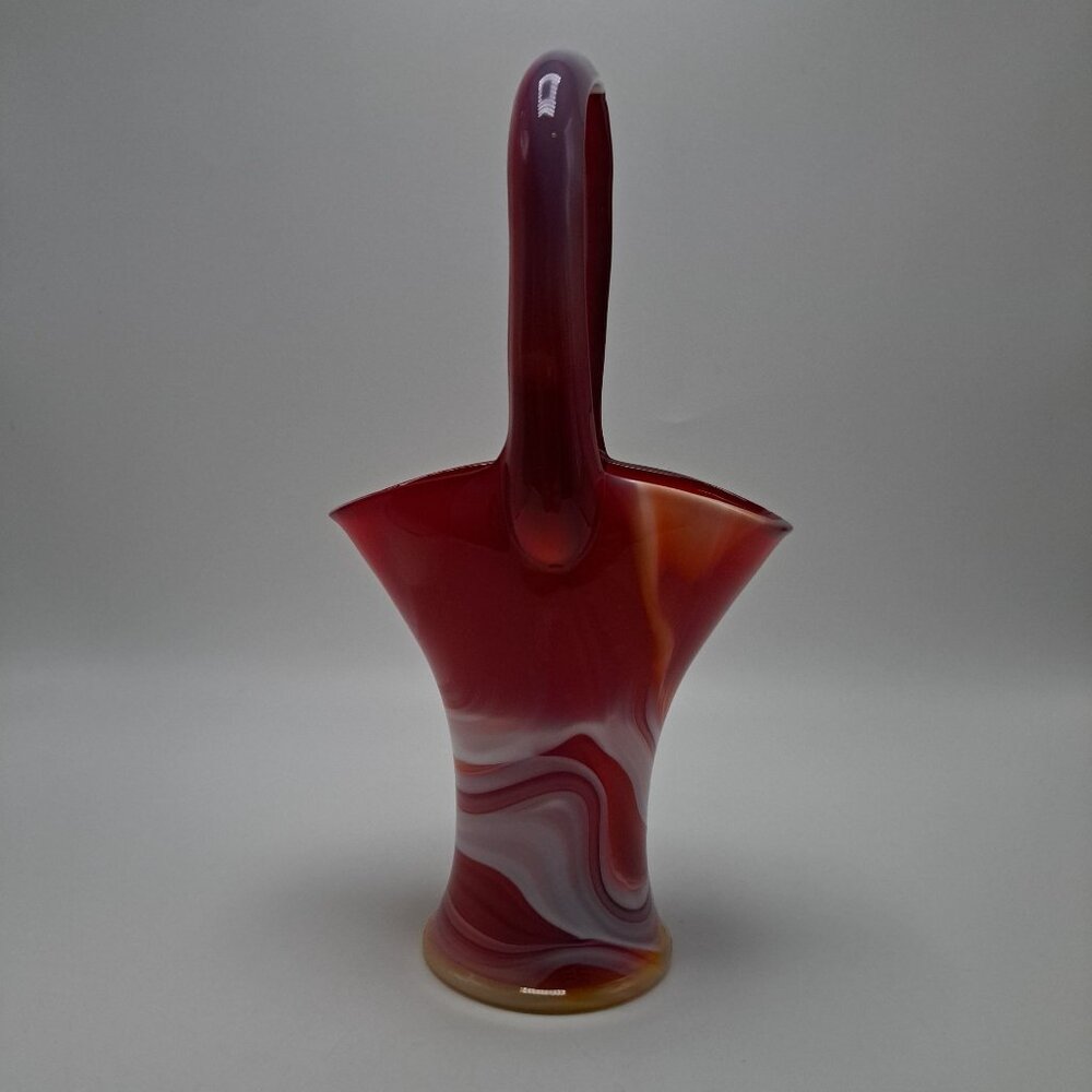 Imperial Slag Glass Basket Swirled Red & White Design Vintage Decorative Piece